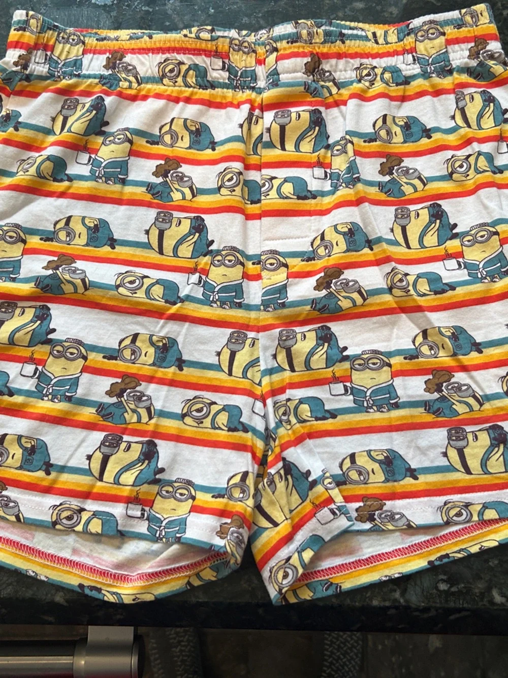 Universal Men's Cartoon Minion Stripe Athletic Shorts - White, Yellow, Blue, Red
